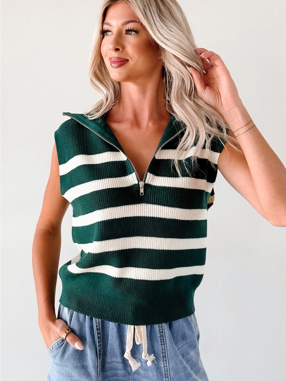 Lush Green and White Striped Sleeveless Zip Polo Sweater Vest